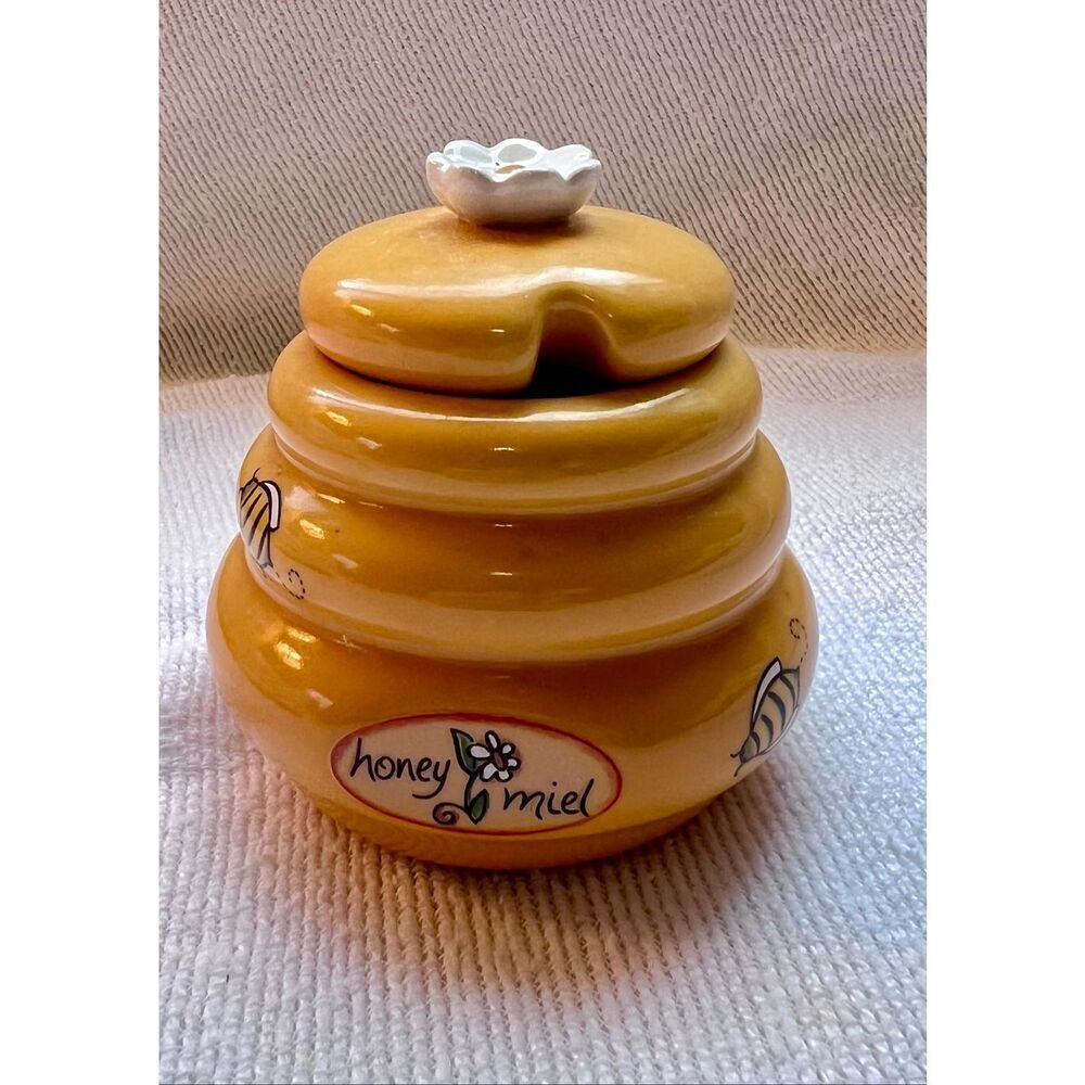 Vintage Honey Miel Beehive Jar Ceramic 3.5" Honey Pot Container w/ Lid